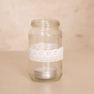 Teelichtglas Vintage mit Juteband/Spitzenband